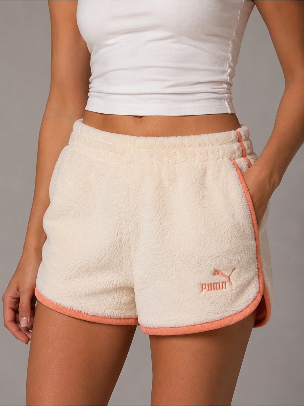 Puma Cream Sherpa Shorts with Peach Trim